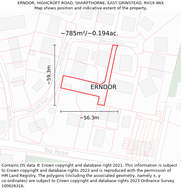 ERNDOR, HIGHCROFT ROAD, SHARPTHORNE, EAST GRINSTEAD, RH19 4NX: Plot and title map