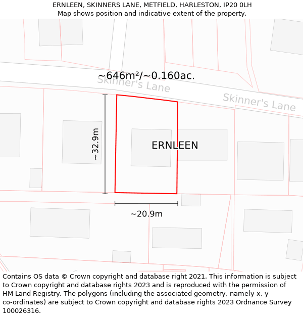 ERNLEEN, SKINNERS LANE, METFIELD, HARLESTON, IP20 0LH: Plot and title map