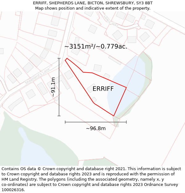 ERRIFF, SHEPHERDS LANE, BICTON, SHREWSBURY, SY3 8BT: Plot and title map