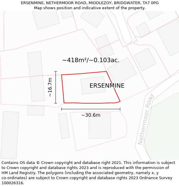 ERSENMINE, NETHERMOOR ROAD, MIDDLEZOY, BRIDGWATER, TA7 0PG: Plot and title map