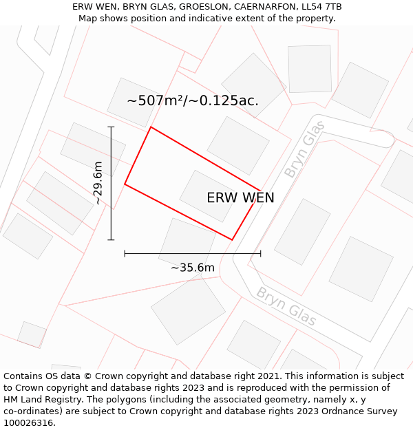 ERW WEN, BRYN GLAS, GROESLON, CAERNARFON, LL54 7TB: Plot and title map