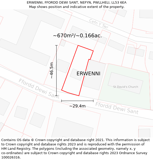 ERWENNI, FFORDD DEWI SANT, NEFYN, PWLLHELI, LL53 6EA: Plot and title map