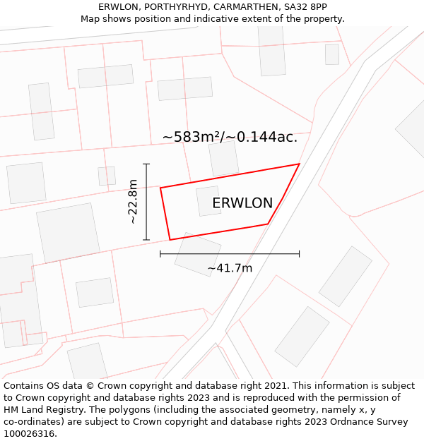 ERWLON, PORTHYRHYD, CARMARTHEN, SA32 8PP: Plot and title map