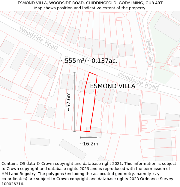 ESMOND VILLA, WOODSIDE ROAD, CHIDDINGFOLD, GODALMING, GU8 4RT: Plot and title map