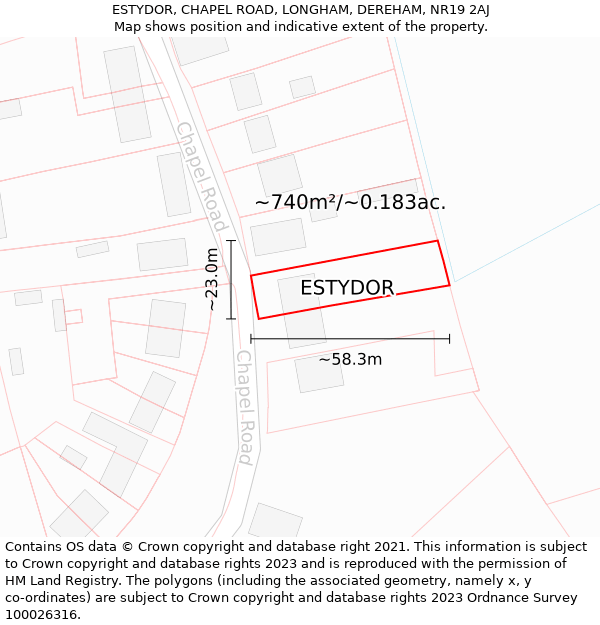 ESTYDOR, CHAPEL ROAD, LONGHAM, DEREHAM, NR19 2AJ: Plot and title map