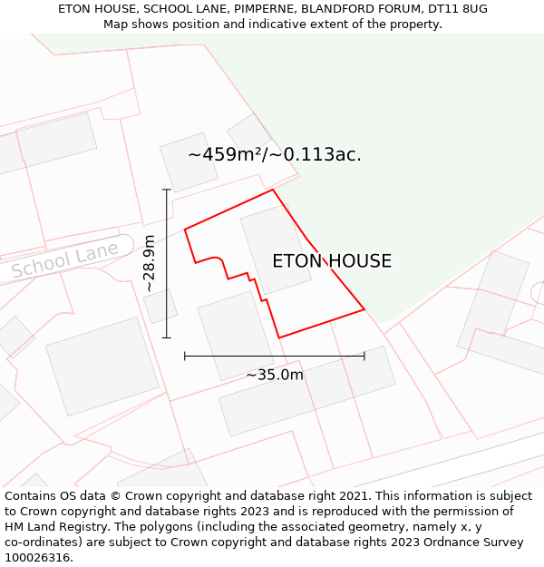 ETON HOUSE, SCHOOL LANE, PIMPERNE, BLANDFORD FORUM, DT11 8UG: Plot and title map