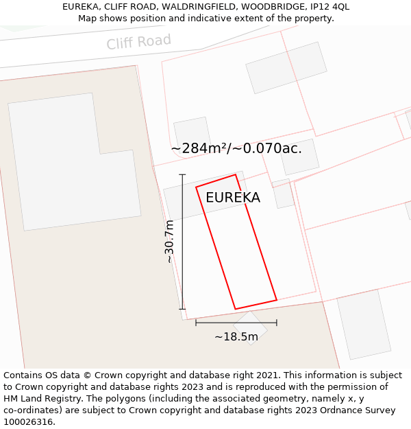 EUREKA, CLIFF ROAD, WALDRINGFIELD, WOODBRIDGE, IP12 4QL: Plot and title map