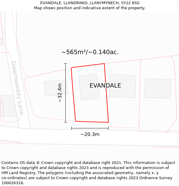 EVANDALE, LLANDRINIO, LLANYMYNECH, SY22 6SG: Plot and title map