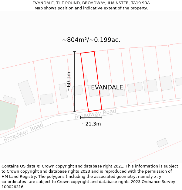 EVANDALE, THE POUND, BROADWAY, ILMINSTER, TA19 9RA: Plot and title map