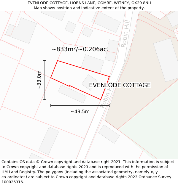 EVENLODE COTTAGE, HORNS LANE, COMBE, WITNEY, OX29 8NH: Plot and title map