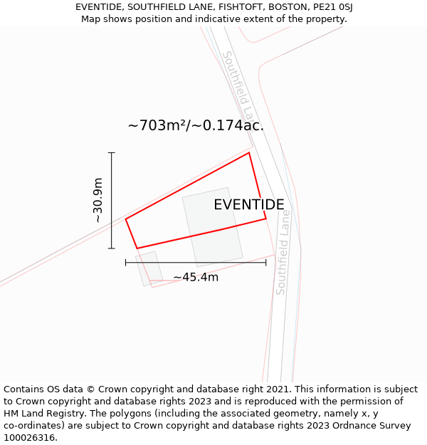 EVENTIDE, SOUTHFIELD LANE, FISHTOFT, BOSTON, PE21 0SJ: Plot and title map