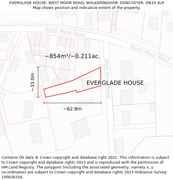EVERGLADE HOUSE, WEST MOOR ROAD, WALKERINGHAM, DONCASTER, DN10 4LR: Plot and title map
