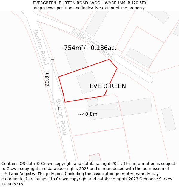 EVERGREEN, BURTON ROAD, WOOL, WAREHAM, BH20 6EY: Plot and title map