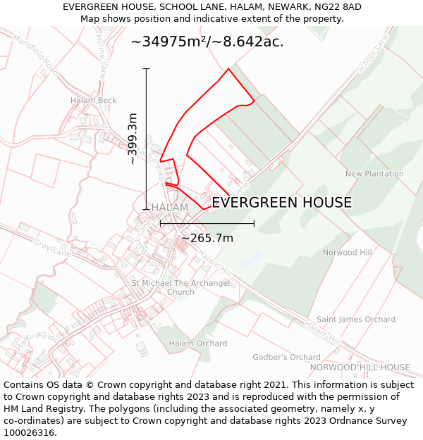 EVERGREEN HOUSE, SCHOOL LANE, HALAM, NEWARK, NG22 8AD: Plot and title map