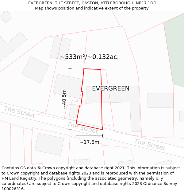 EVERGREEN, THE STREET, CASTON, ATTLEBOROUGH, NR17 1DD: Plot and title map