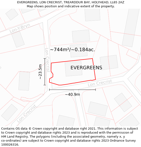 EVERGREENS, LON CRECRIST, TREARDDUR BAY, HOLYHEAD, LL65 2AZ: Plot and title map