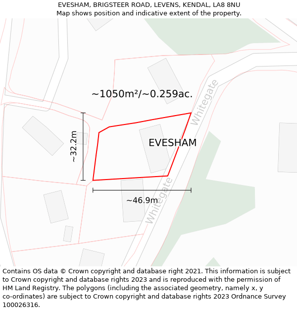 EVESHAM, BRIGSTEER ROAD, LEVENS, KENDAL, LA8 8NU: Plot and title map