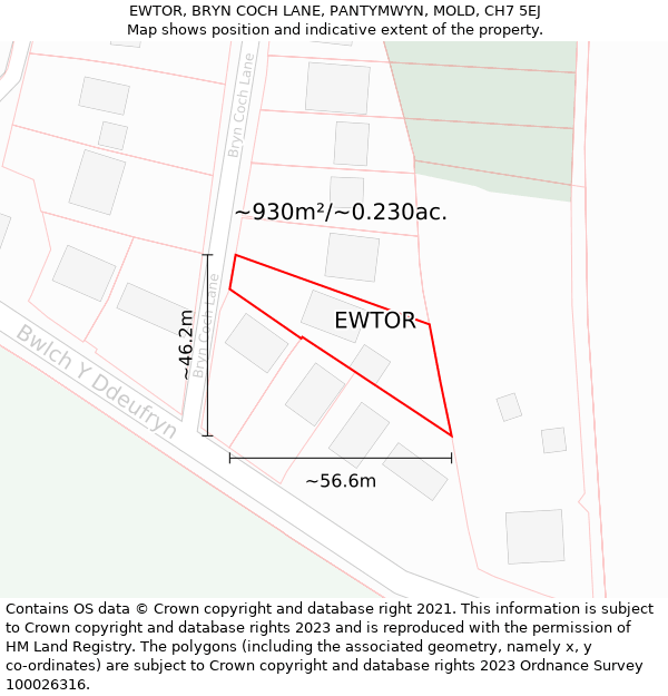 EWTOR, BRYN COCH LANE, PANTYMWYN, MOLD, CH7 5EJ: Plot and title map