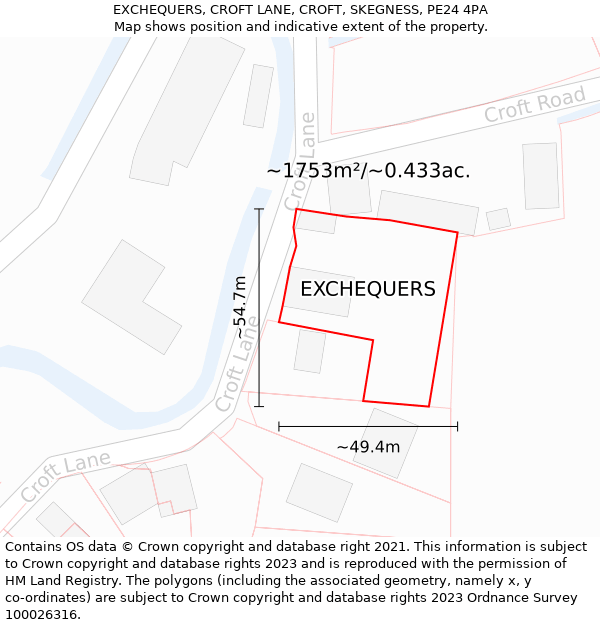 EXCHEQUERS, CROFT LANE, CROFT, SKEGNESS, PE24 4PA: Plot and title map