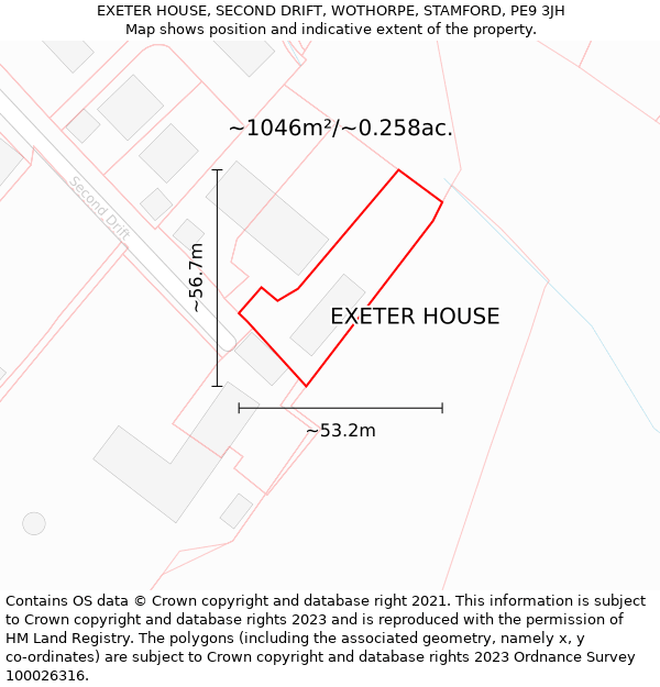 EXETER HOUSE, SECOND DRIFT, WOTHORPE, STAMFORD, PE9 3JH: Plot and title map