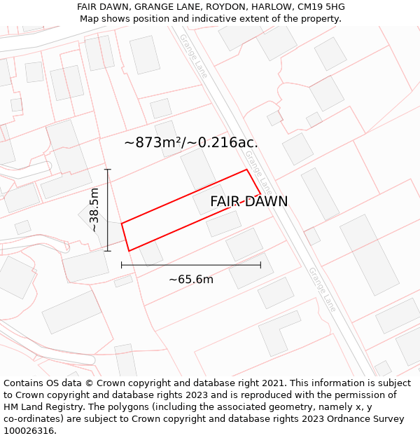 FAIR DAWN, GRANGE LANE, ROYDON, HARLOW, CM19 5HG: Plot and title map