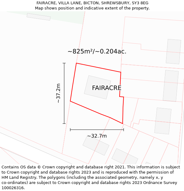 FAIRACRE, VILLA LANE, BICTON, SHREWSBURY, SY3 8EG: Plot and title map