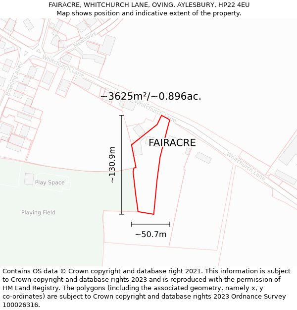 FAIRACRE, WHITCHURCH LANE, OVING, AYLESBURY, HP22 4EU: Plot and title map