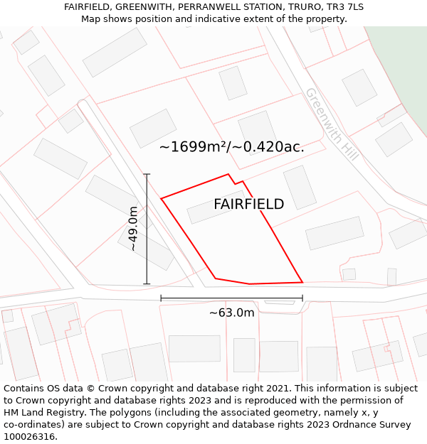 FAIRFIELD, GREENWITH, PERRANWELL STATION, TRURO, TR3 7LS: Plot and title map