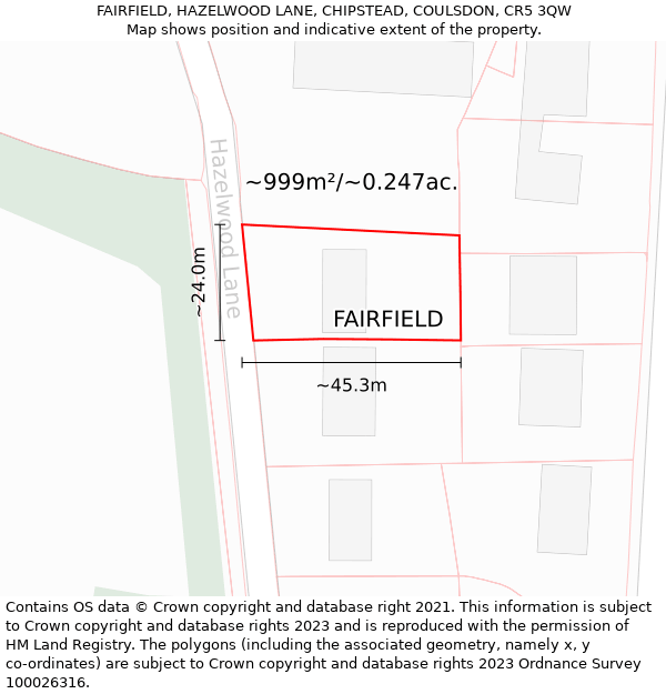 FAIRFIELD, HAZELWOOD LANE, CHIPSTEAD, COULSDON, CR5 3QW: Plot and title map