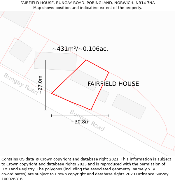FAIRFIELD HOUSE, BUNGAY ROAD, PORINGLAND, NORWICH, NR14 7NA: Plot and title map