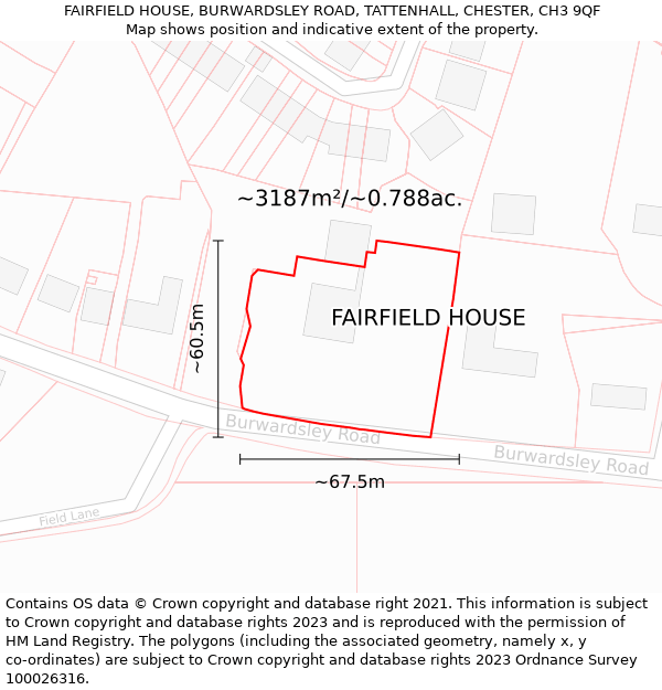 FAIRFIELD HOUSE, BURWARDSLEY ROAD, TATTENHALL, CHESTER, CH3 9QF: Plot and title map