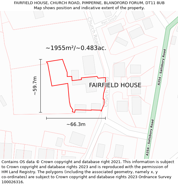 FAIRFIELD HOUSE, CHURCH ROAD, PIMPERNE, BLANDFORD FORUM, DT11 8UB: Plot and title map