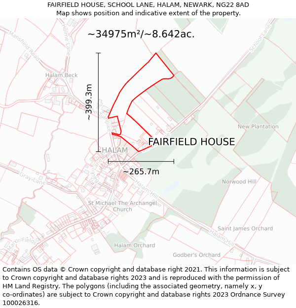 FAIRFIELD HOUSE, SCHOOL LANE, HALAM, NEWARK, NG22 8AD: Plot and title map