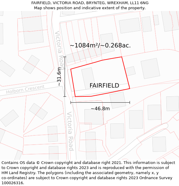 FAIRFIELD, VICTORIA ROAD, BRYNTEG, WREXHAM, LL11 6NG: Plot and title map