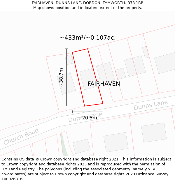 FAIRHAVEN, DUNNS LANE, DORDON, TAMWORTH, B78 1RR: Plot and title map