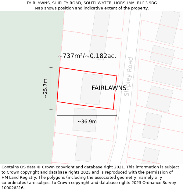 FAIRLAWNS, SHIPLEY ROAD, SOUTHWATER, HORSHAM, RH13 9BG: Plot and title map