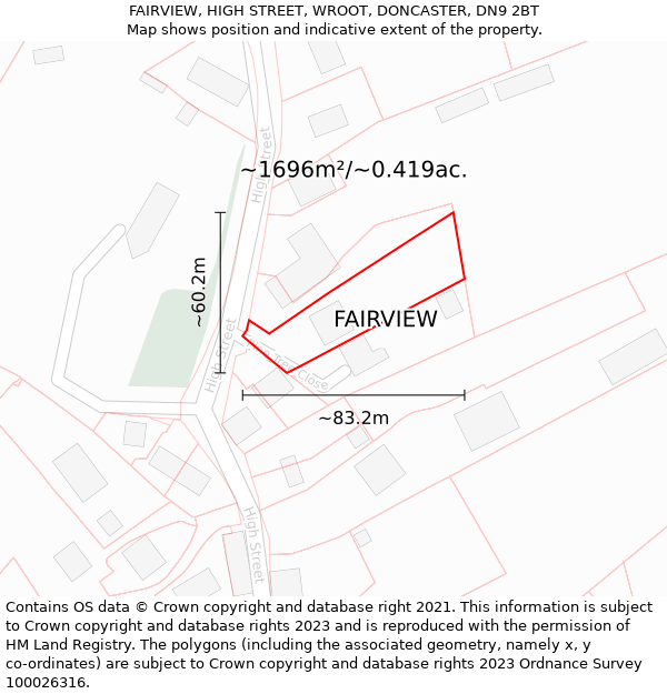 FAIRVIEW, HIGH STREET, WROOT, DONCASTER, DN9 2BT: Plot and title map