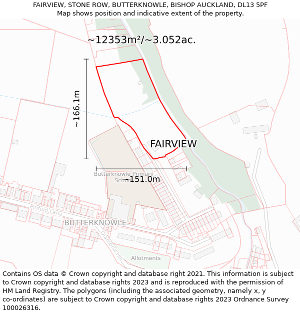 FAIRVIEW, STONE ROW, BUTTERKNOWLE, BISHOP AUCKLAND, DL13 5PF: Plot and title map