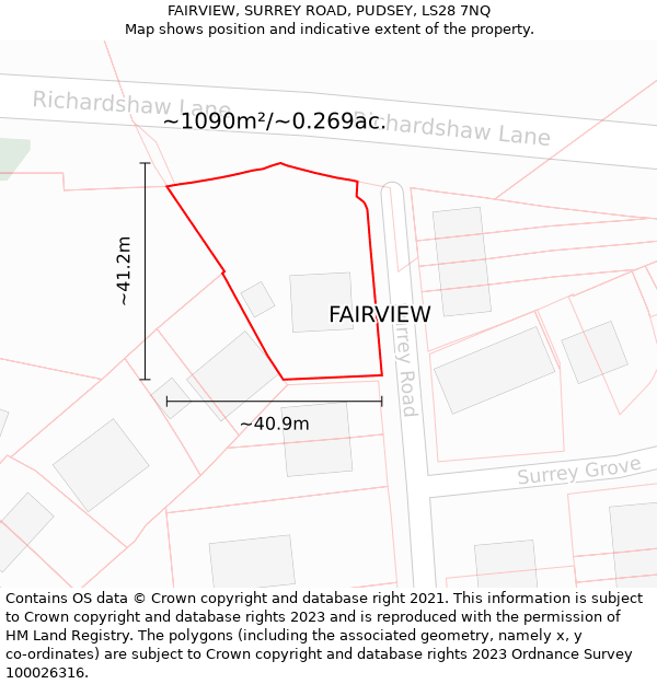 FAIRVIEW, SURREY ROAD, PUDSEY, LS28 7NQ: Plot and title map