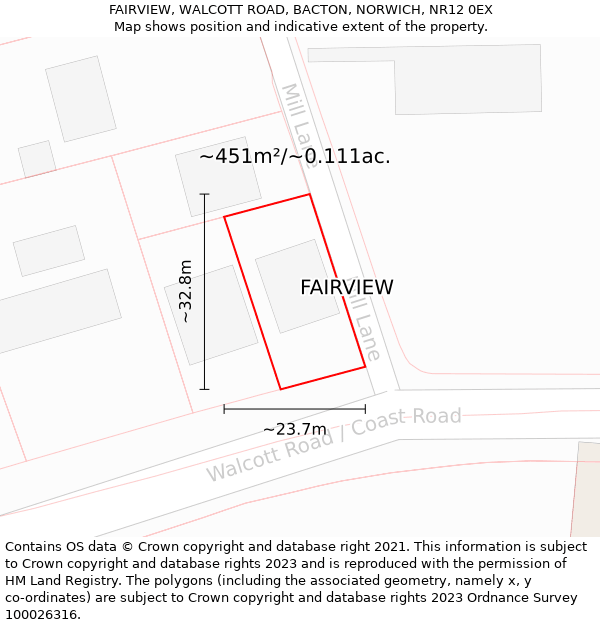 FAIRVIEW, WALCOTT ROAD, BACTON, NORWICH, NR12 0EX: Plot and title map