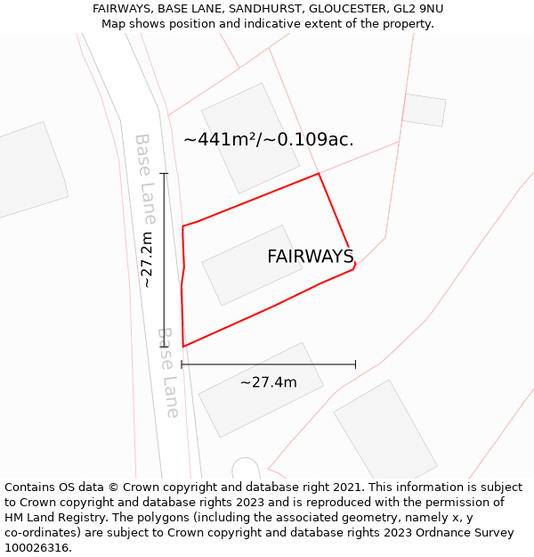 FAIRWAYS, BASE LANE, SANDHURST, GLOUCESTER, GL2 9NU: Plot and title map