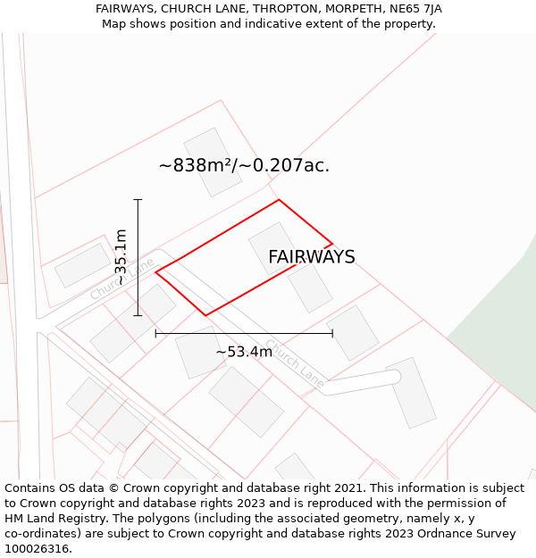 FAIRWAYS, CHURCH LANE, THROPTON, MORPETH, NE65 7JA: Plot and title map