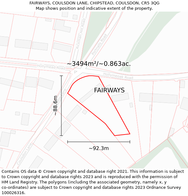 FAIRWAYS, COULSDON LANE, CHIPSTEAD, COULSDON, CR5 3QG: Plot and title map