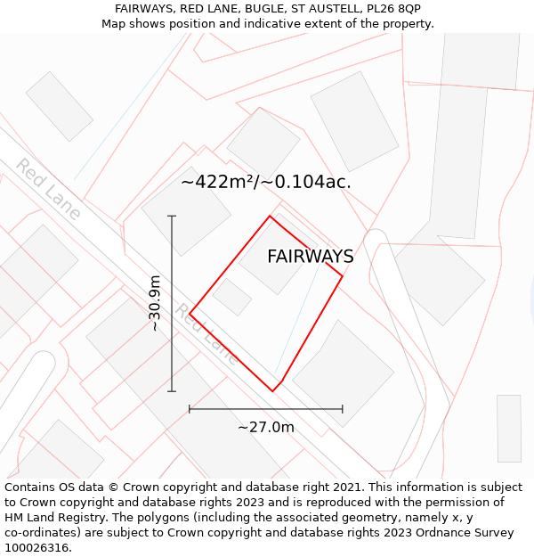 FAIRWAYS, RED LANE, BUGLE, ST AUSTELL, PL26 8QP: Plot and title map