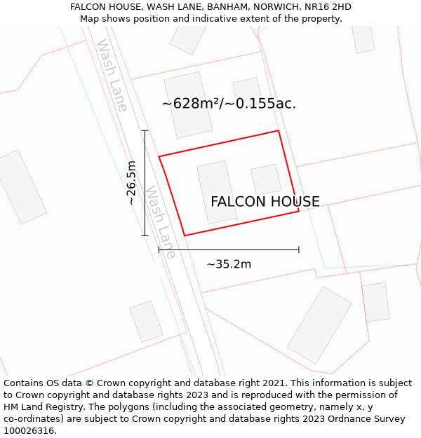 FALCON HOUSE, WASH LANE, BANHAM, NORWICH, NR16 2HD: Plot and title map