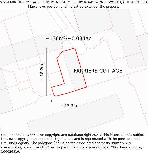 FARRIERS COTTAGE, BIRDHOLME FARM, DERBY ROAD, WINGERWORTH, CHESTERFIELD, S42 6LX: Plot and title map