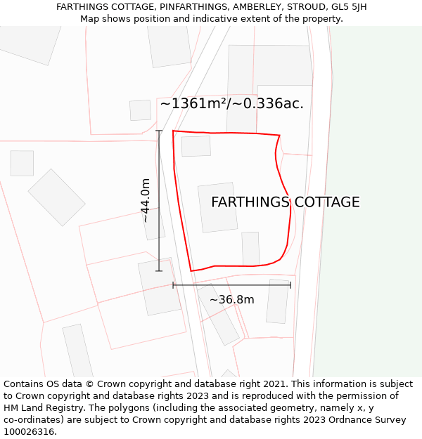 FARTHINGS COTTAGE, PINFARTHINGS, AMBERLEY, STROUD, GL5 5JH: Plot and title map