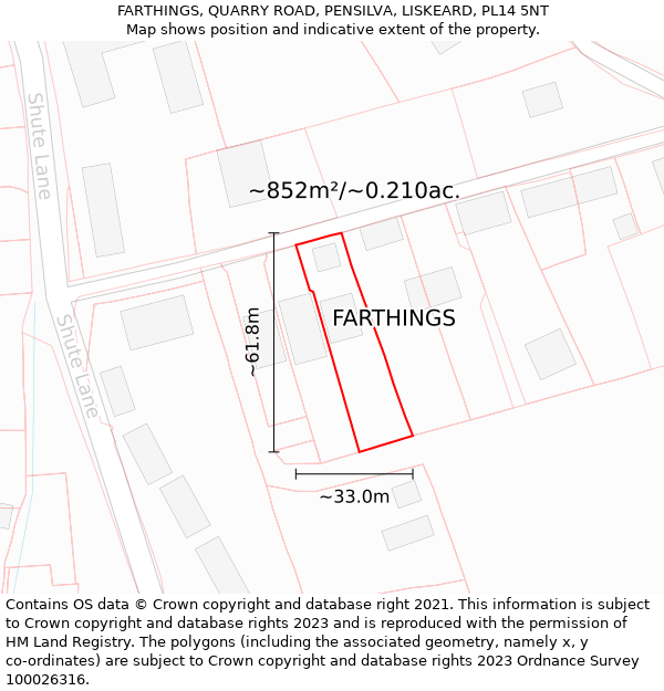 FARTHINGS, QUARRY ROAD, PENSILVA, LISKEARD, PL14 5NT: Plot and title map