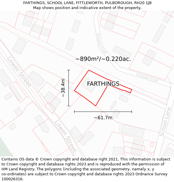 FARTHINGS, SCHOOL LANE, FITTLEWORTH, PULBOROUGH, RH20 1JB: Plot and title map