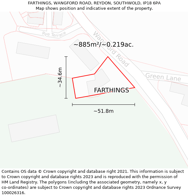 FARTHINGS, WANGFORD ROAD, REYDON, SOUTHWOLD, IP18 6PA: Plot and title map